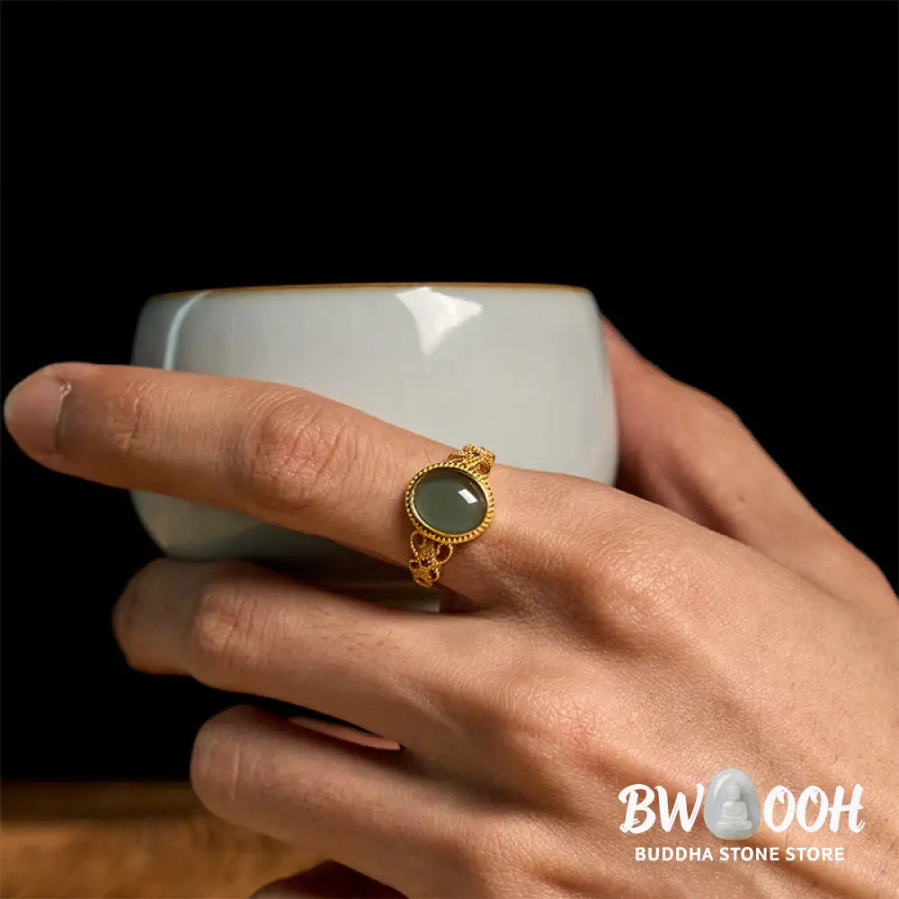 Buddha Stones Natural 925 Sterling Silver Plated Gold Hollow Design Jade Luck Ring - Jade - Ring