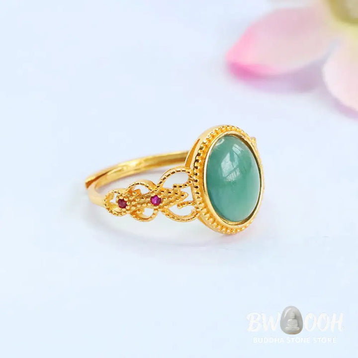 Buddha Stones Natural 925 Sterling Silver Plated Gold Hollow Design Jade Luck Ring - Jade - Ring
