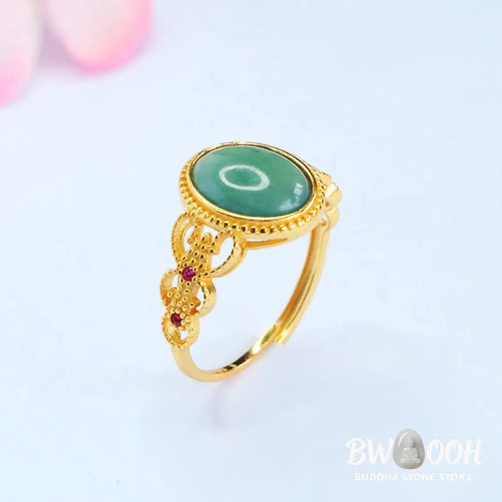Buddha Stones Natural 925 Sterling Silver Plated Gold Hollow Design Jade Luck Ring - Jade - Ring