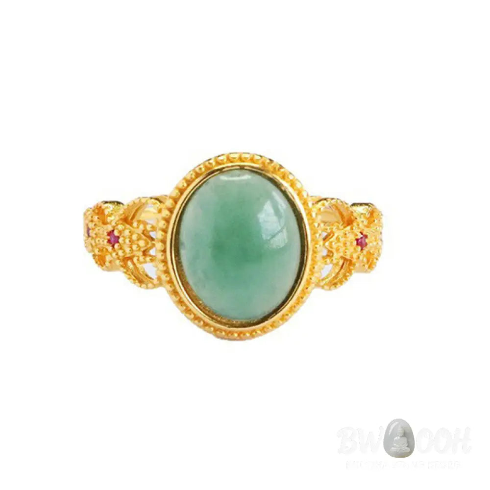 Buddha Stones Natural 925 Sterling Silver Plated Gold Hollow Design Jade Luck Ring - Jade - Ring
