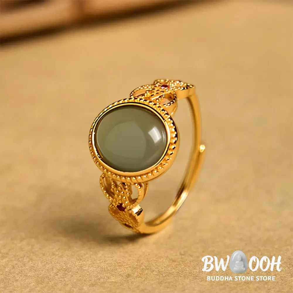 Buddha Stones Natural 925 Sterling Silver Plated Gold Hollow Design Jade Luck Ring - Jade - Ring