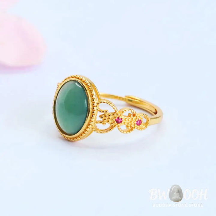 Buddha Stones Natural 925 Sterling Silver Plated Gold Hollow Design Jade Luck Ring - Jade - Ring