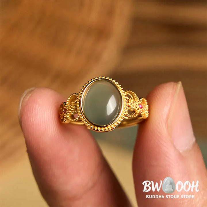 Buddha Stones Natural 925 Sterling Silver Plated Gold Hollow Design Jade Luck Ring - Jade - Ring