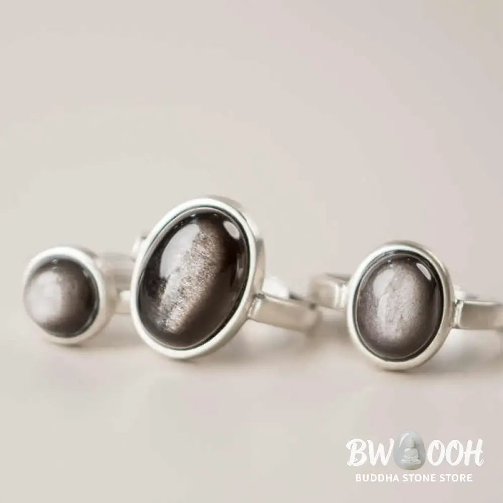 Buddha Stones Natural 925 Sterling Silver Silver Sheen Obsidian Adjustable Protection Ring - Ring