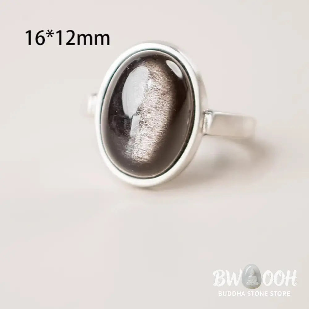 Buddha Stones Natural 925 Sterling Silver Silver Sheen Obsidian Adjustable Protection Ring - Ring