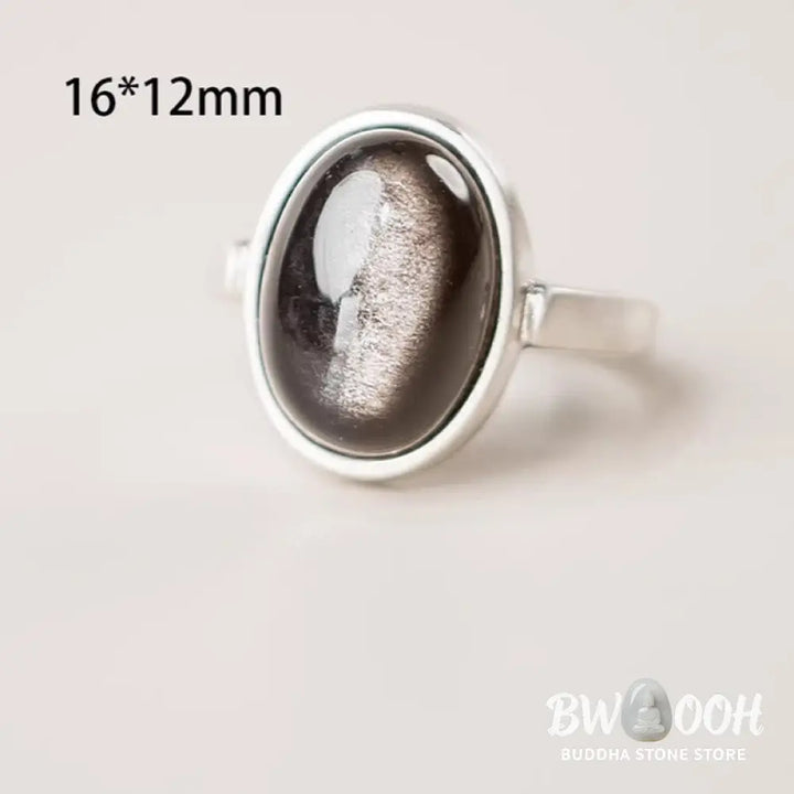 Buddha Stones Natural 925 Sterling Silver Silver Sheen Obsidian Adjustable Protection Ring - Ring
