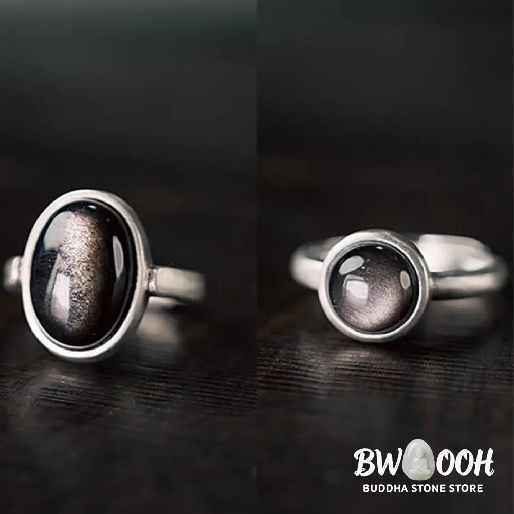 Buddha Stones Natural 925 Sterling Silver Silver Sheen Obsidian Adjustable Protection Ring - Ring