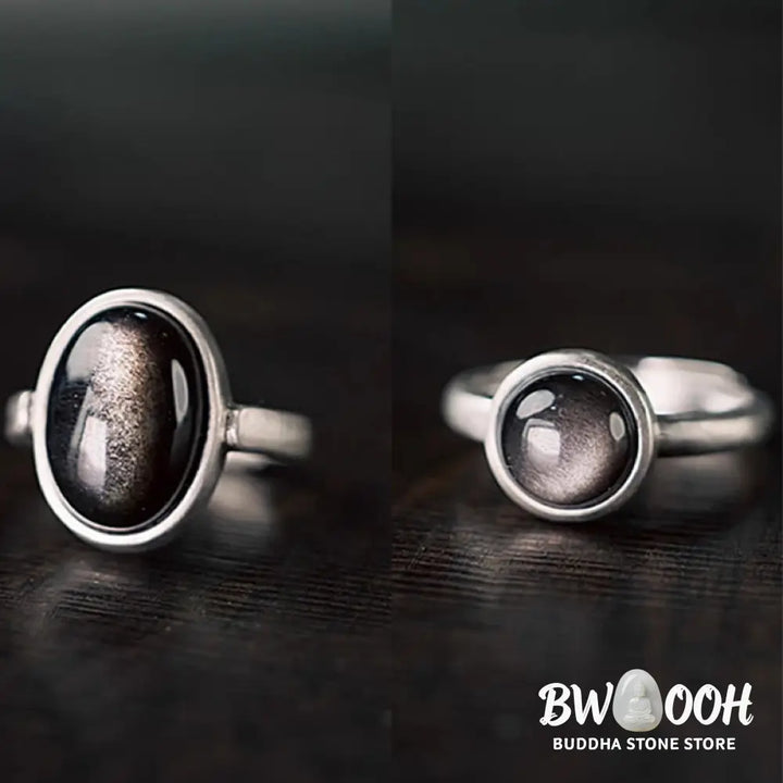 Buddha Stones Natural 925 Sterling Silver Silver Sheen Obsidian Adjustable Protection Ring - Ring
