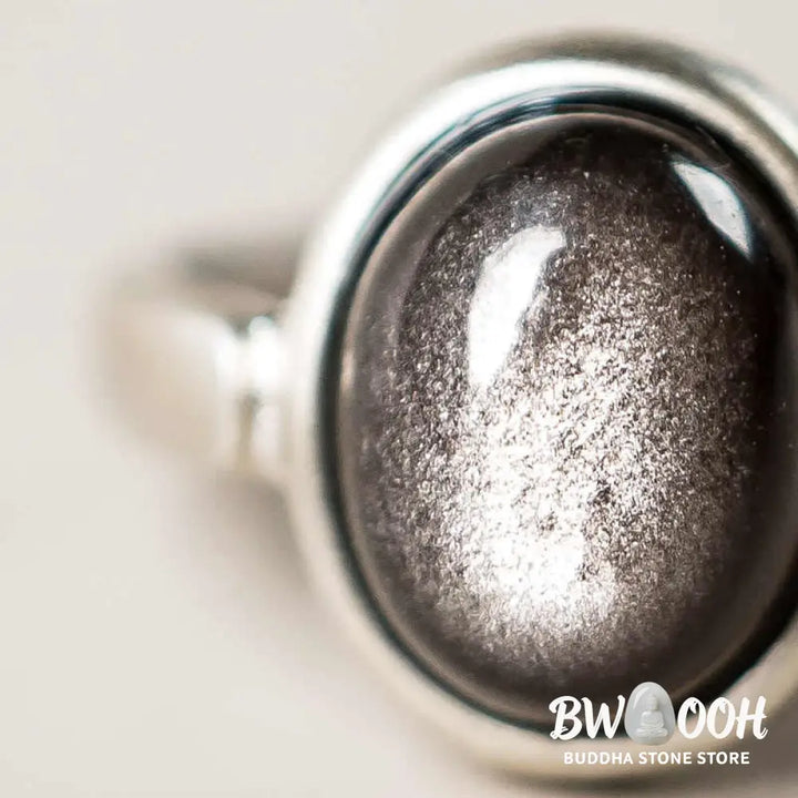 Buddha Stones Natural 925 Sterling Silver Silver Sheen Obsidian Adjustable Protection Ring - Ring