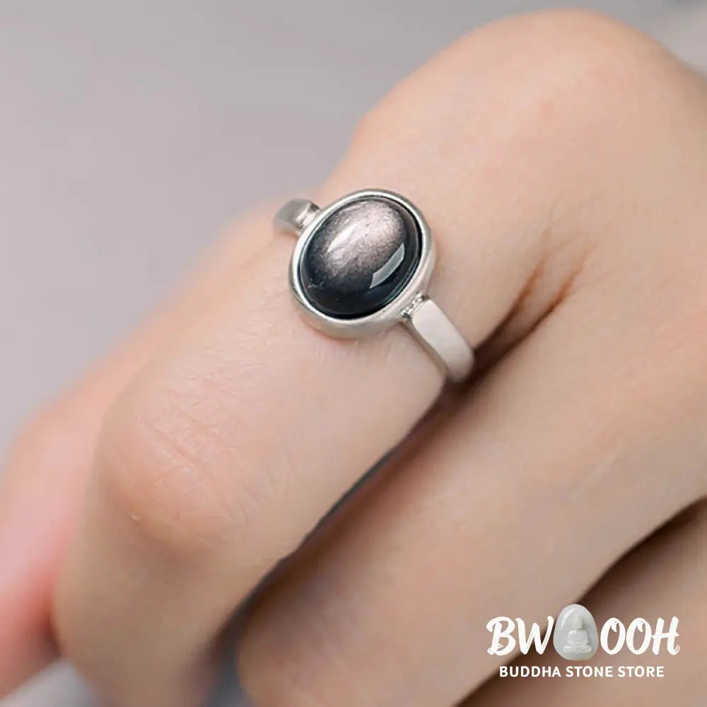 Buddha Stones Natural 925 Sterling Silver Silver Sheen Obsidian Adjustable Protection Ring - Ring