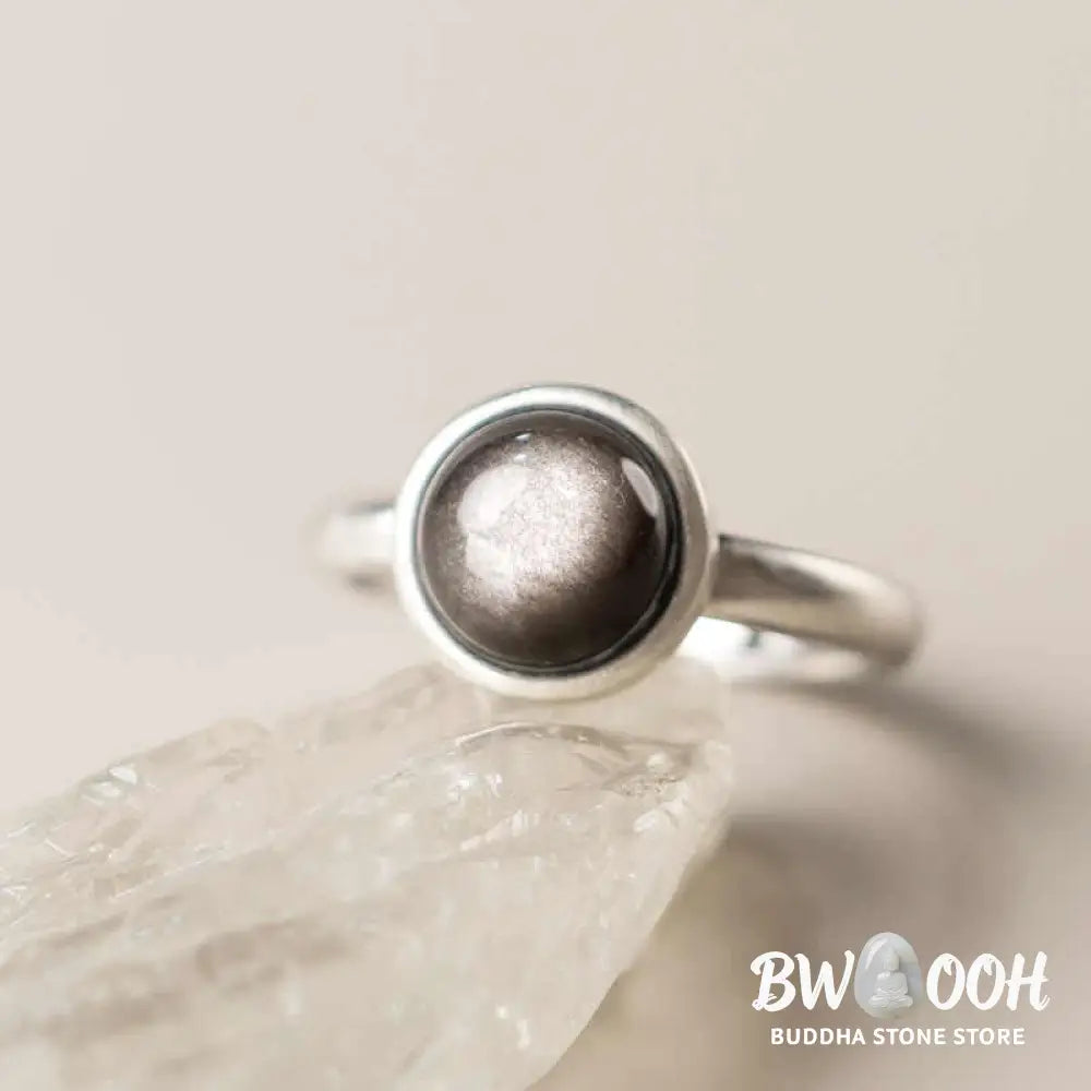 Buddha Stones Natural 925 Sterling Silver Silver Sheen Obsidian Adjustable Protection Ring - Ring