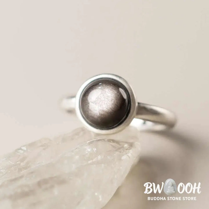 Buddha Stones Natural 925 Sterling Silver Silver Sheen Obsidian Adjustable Protection Ring - Ring