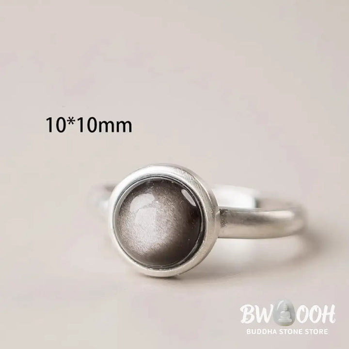 Buddha Stones Natural 925 Sterling Silver Silver Sheen Obsidian Adjustable Protection Ring - Ring