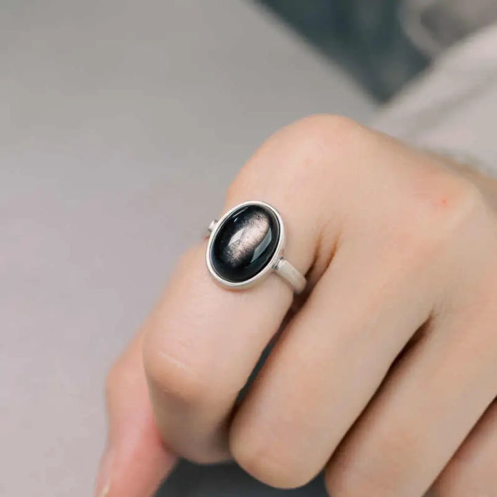 Buddha Stones Natural 925 Sterling Silver Silver Sheen Obsidian Adjustable Protection Ring - A Style(About 16*12mm)