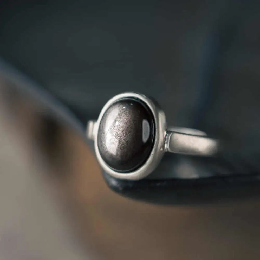 BWOOOH Natural 925 Sterling Silver Silver Sheen Obsidian Adjustable Protection Ring — Sterling Silver black obsidian brace...