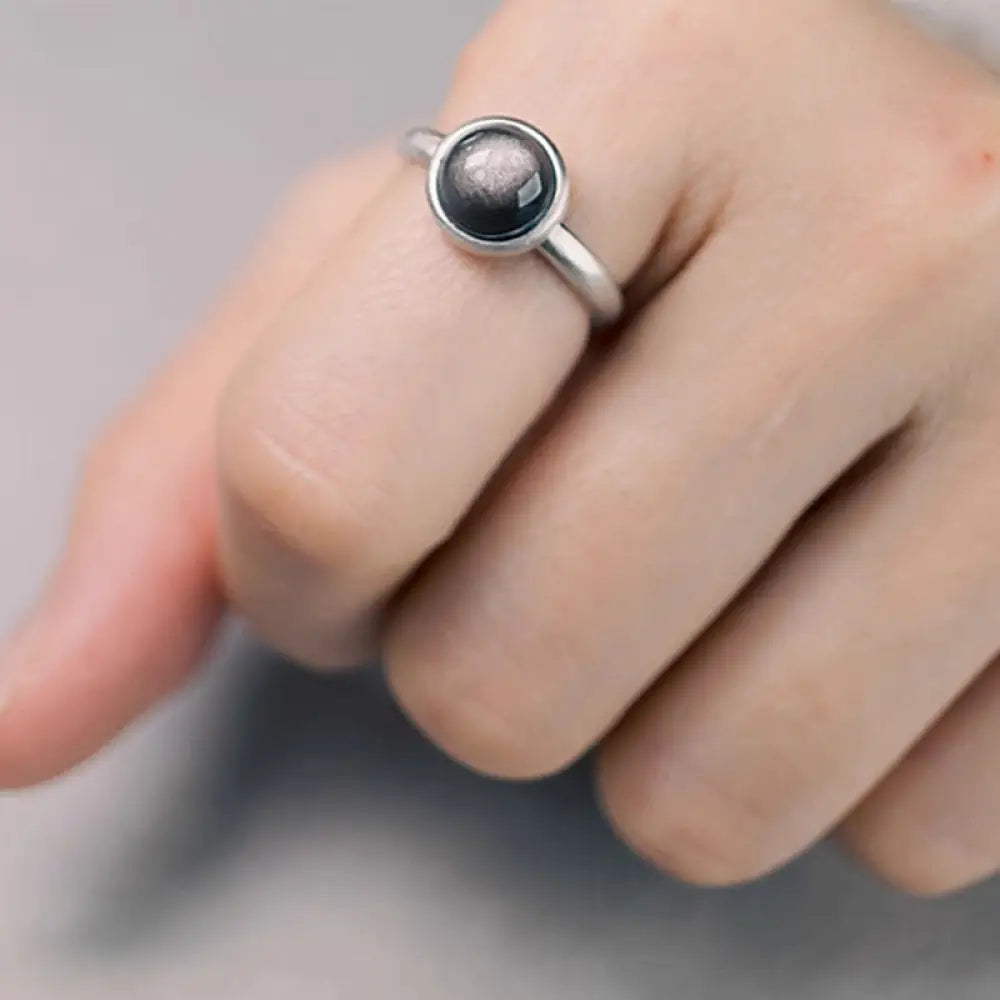 Buddha Stones Natural 925 Sterling Silver Silver Sheen Obsidian Adjustable Protection Ring - C Style(About 10*10mm)