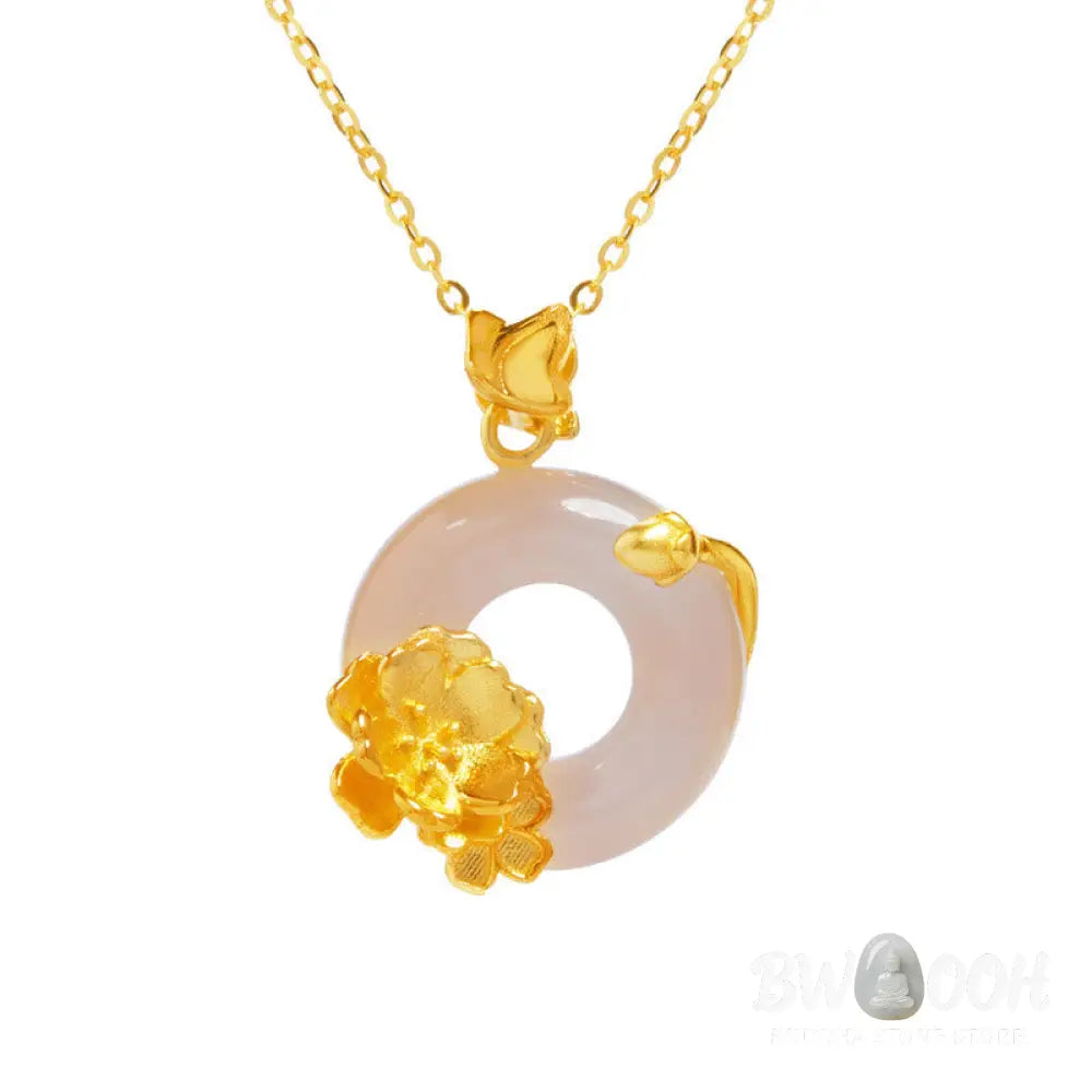 Buddha Stones Natural 925 Sterling Silver White Chalcedony Peace Buckle Peach Blossom Butterfly Positive Necklace