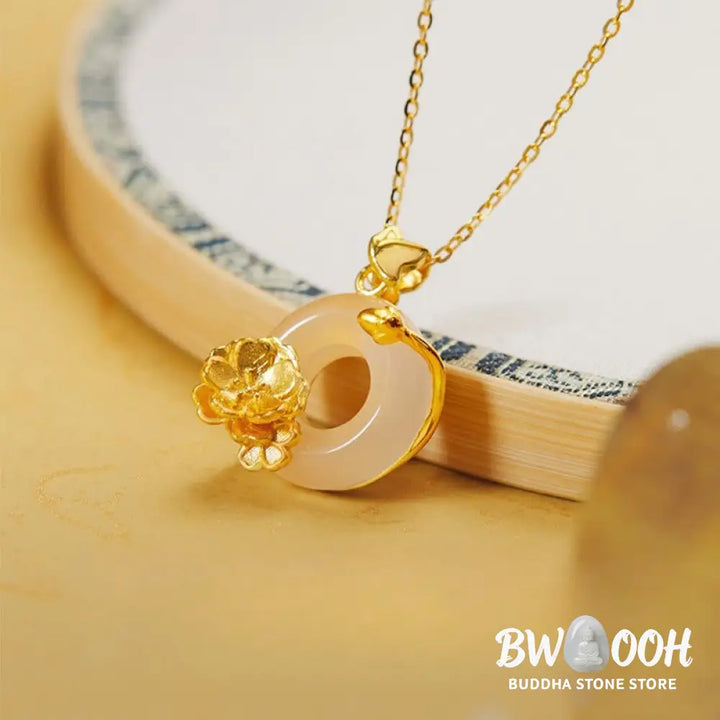 Buddha Stones Natural 925 Sterling Silver White Chalcedony Peace Buckle Peach Blossom Butterfly Positive Necklace