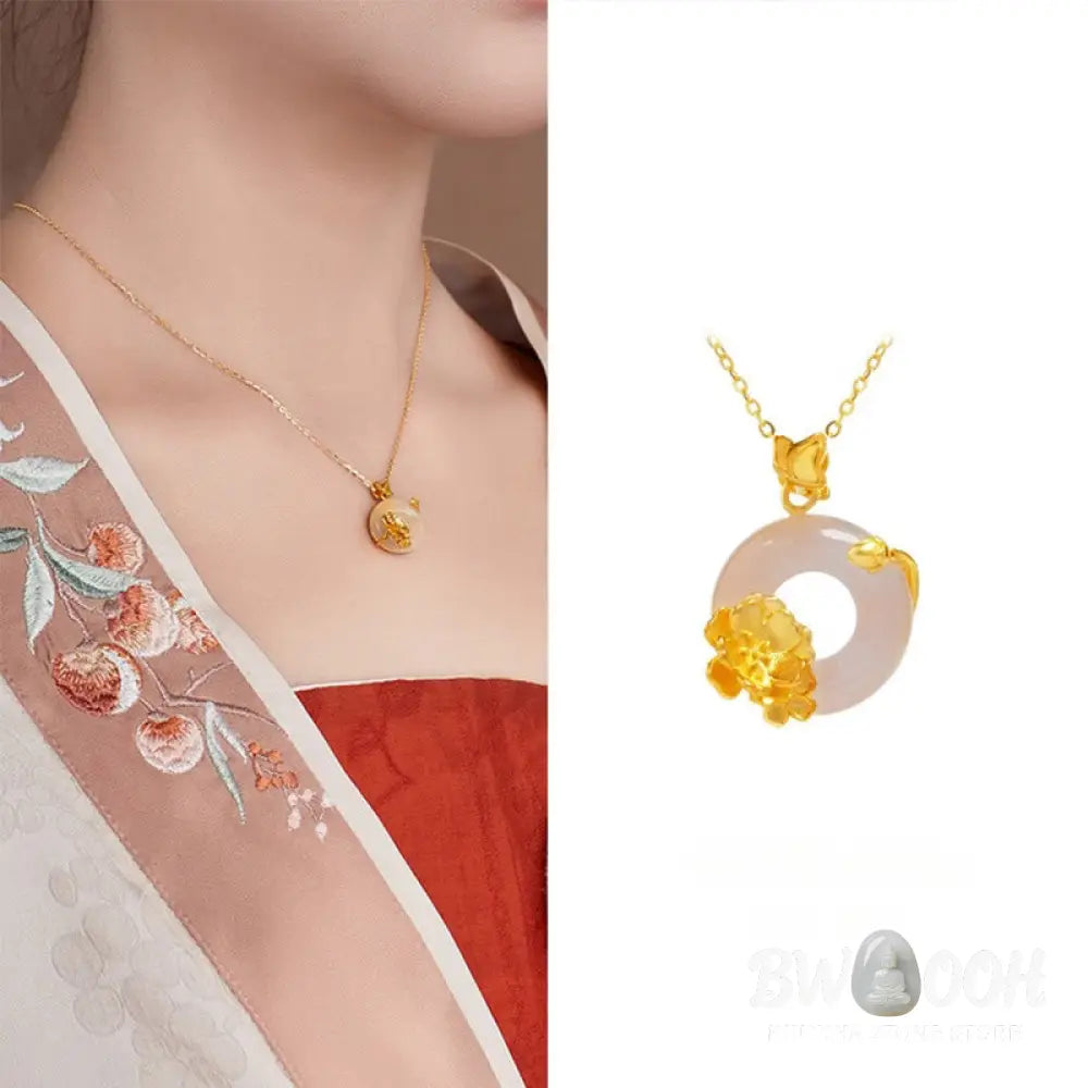 Buddha Stones Natural 925 Sterling Silver White Chalcedony Peace Buckle Peach Blossom Butterfly Positive Necklace