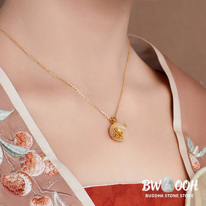 Buddha Stones Natural 925 Sterling Silver White Chalcedony Peace Buckle Peach Blossom Butterfly Positive Necklace
