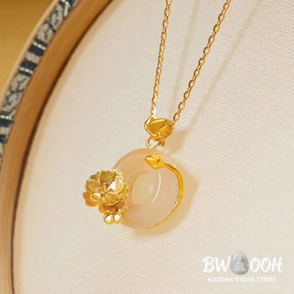 Buddha Stones Natural 925 Sterling Silver White Chalcedony Peace Buckle Peach Blossom Butterfly Positive Necklace