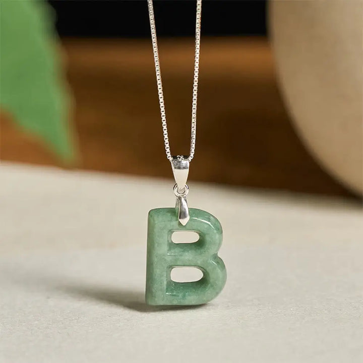 Buddha Stones Natural A-Z Letter Jade 925 Sterling Silver Silm Chain Prosperity Necklace Pendant - BWOOOH - B