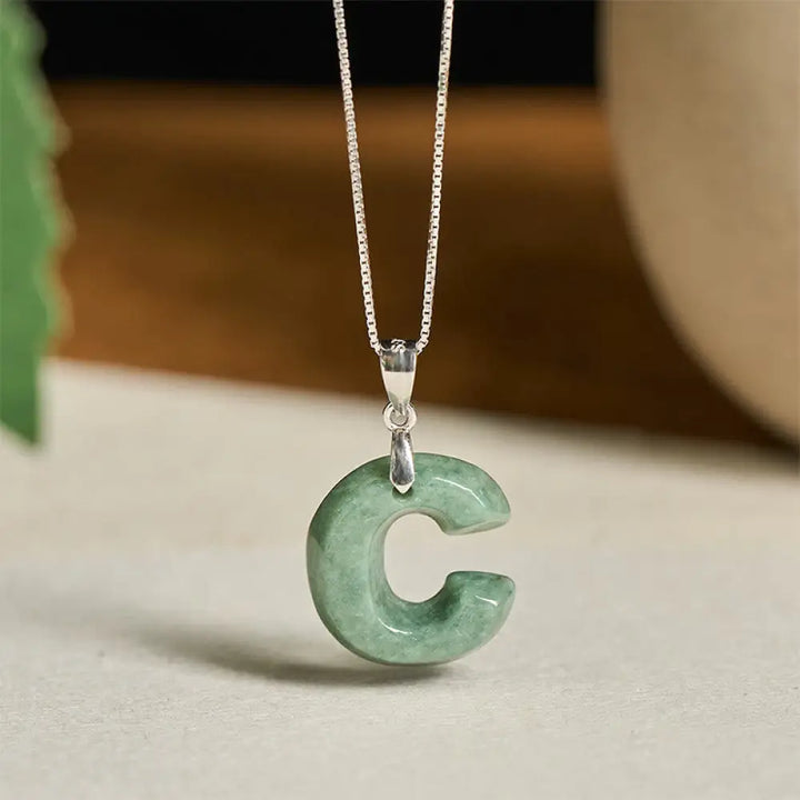 Buddha Stones Natural A-Z Letter Jade 925 Sterling Silver Silm Chain Prosperity Necklace Pendant - BWOOOH - C