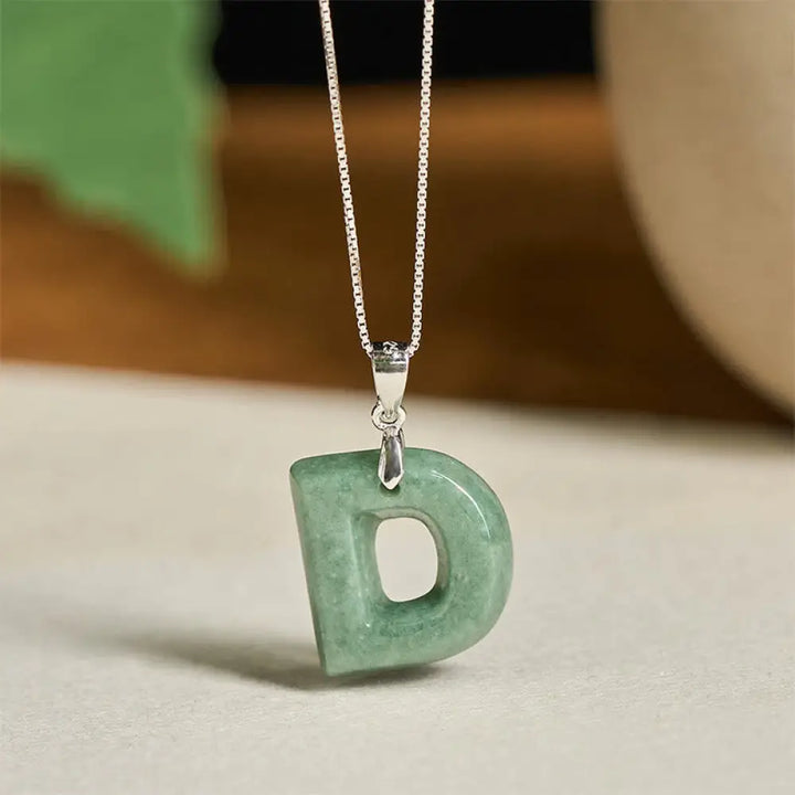 Buddha Stones Natural A-Z Letter Jade 925 Sterling Silver Silm Chain Prosperity Necklace Pendant - BWOOOH - D