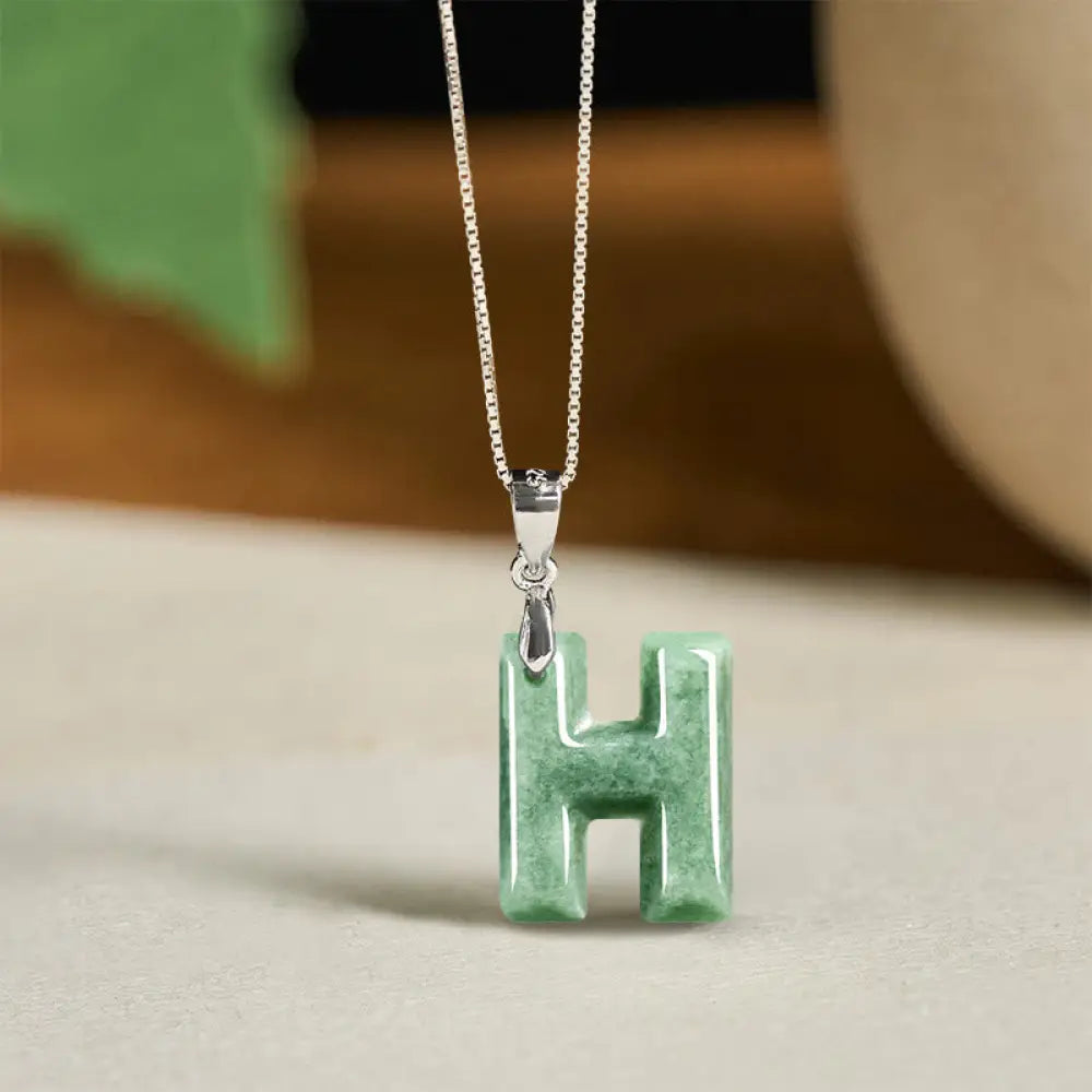 Buddha Stones Natural A-Z Letter Jade 925 Sterling Silver Silm Chain Prosperity Necklace Pendant - BWOOOH - H