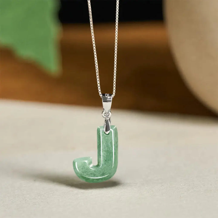 Buddha Stones Natural A-Z Letter Jade 925 Sterling Silver Silm Chain Prosperity Necklace Pendant - BWOOOH - J