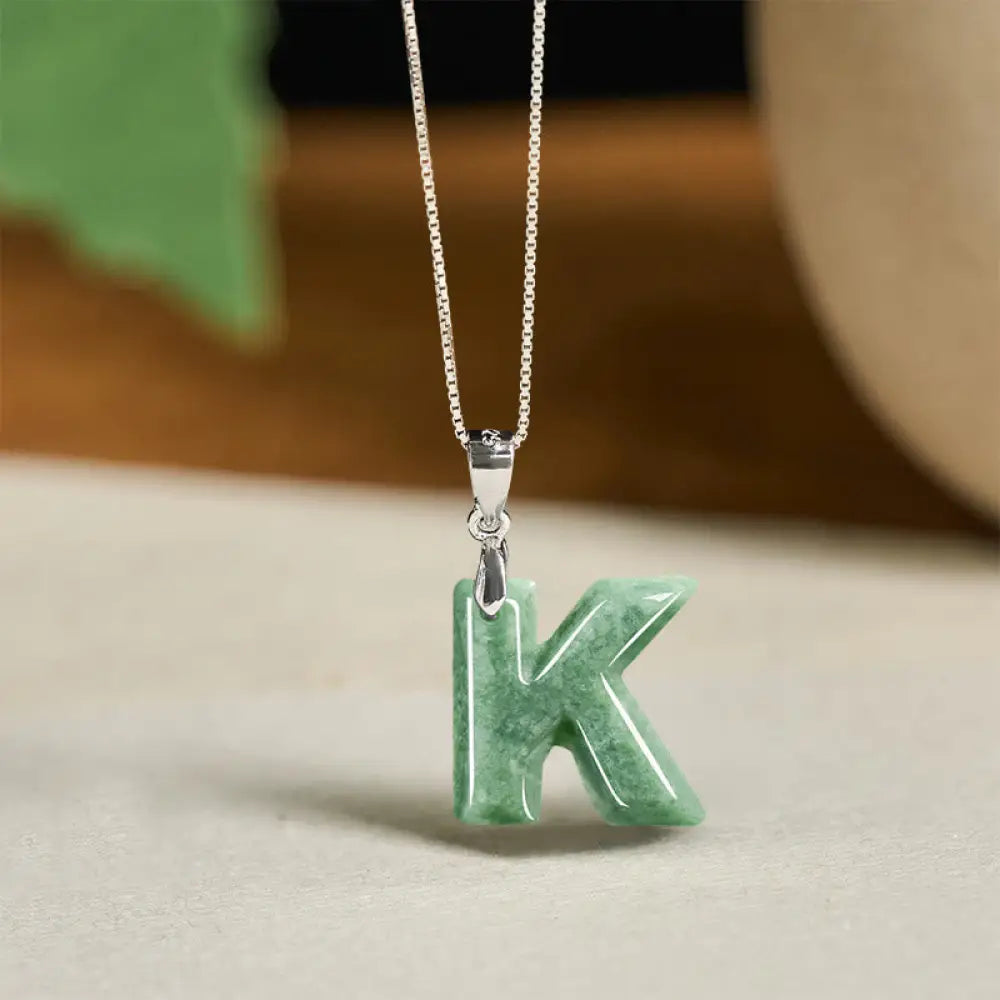 Buddha Stones Natural A-Z Letter Jade 925 Sterling Silver Silm Chain Prosperity Necklace Pendant - BWOOOH - K