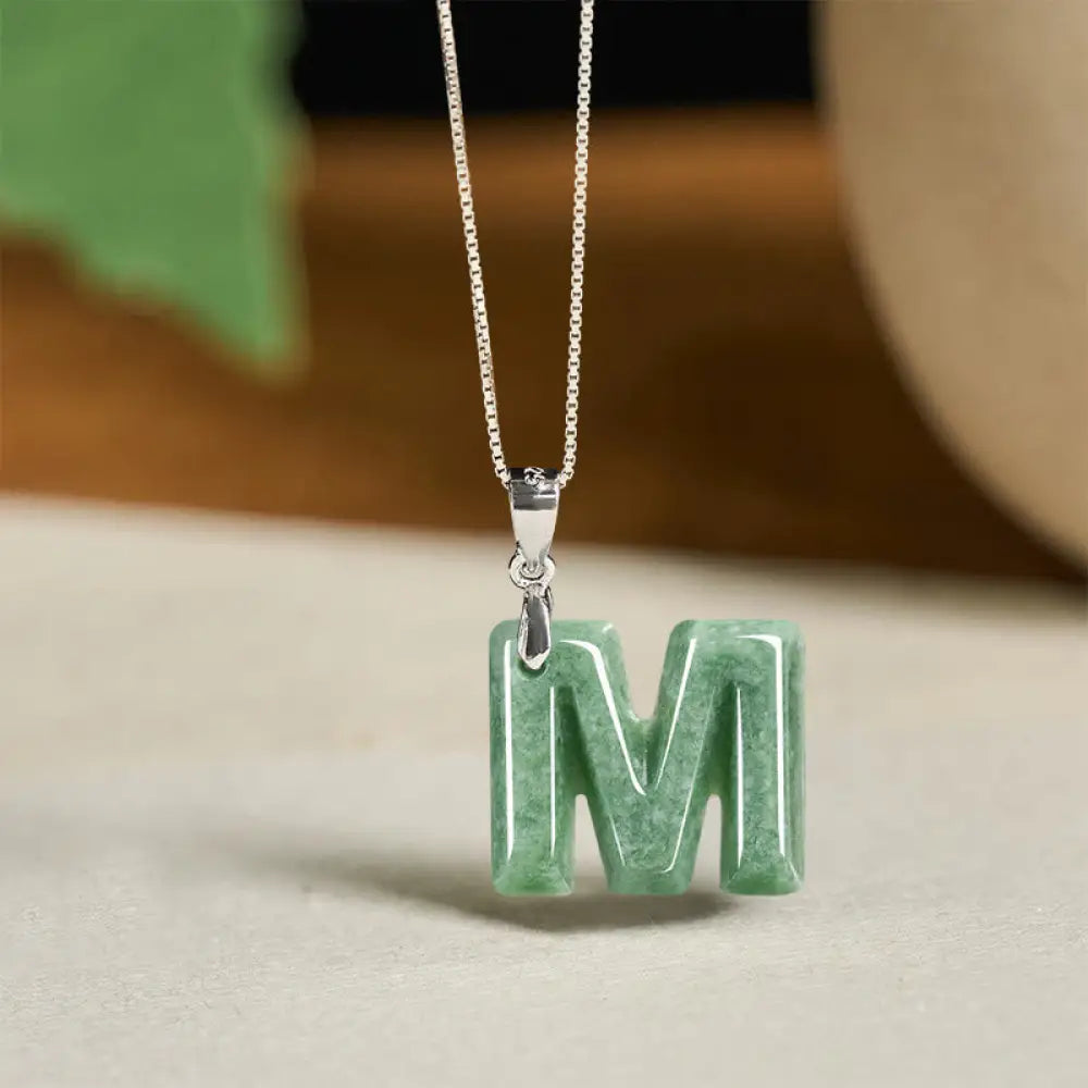 Buddha Stones Natural A-Z Letter Jade 925 Sterling Silver Silm Chain Prosperity Necklace Pendant - BWOOOH - M