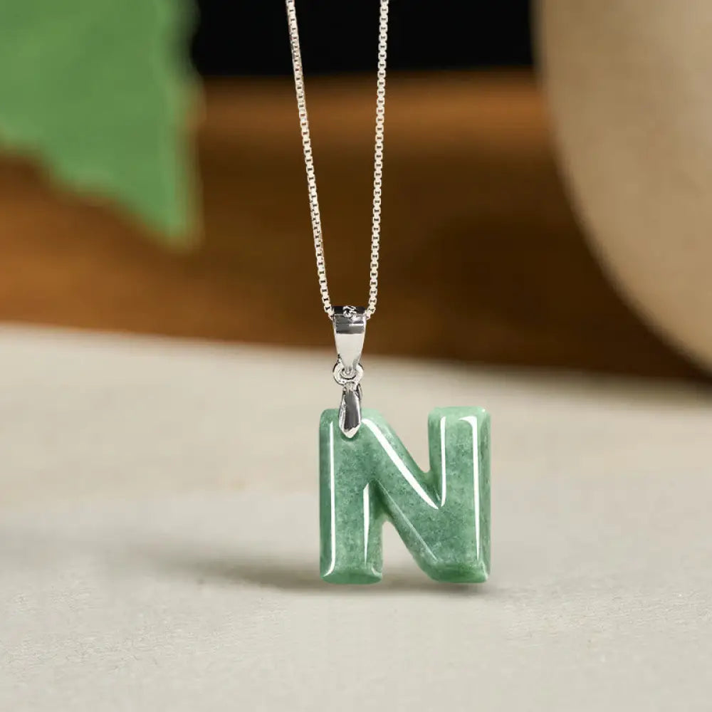 Buddha Stones Natural A-Z Letter Jade 925 Sterling Silver Silm Chain Prosperity Necklace Pendant - BWOOOH - N