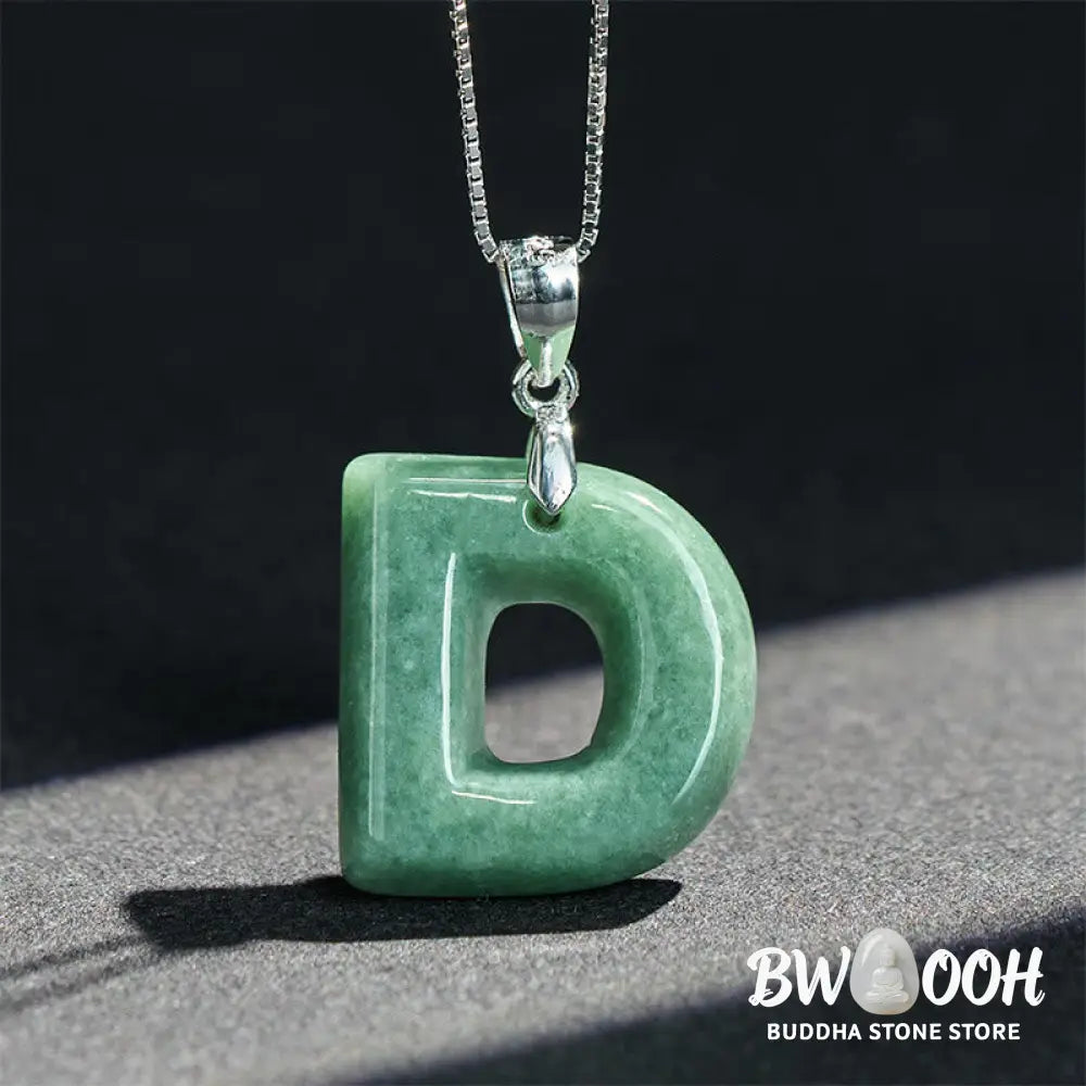 Buddha Stones Natural A-Z Letter Jade 925 Sterling Silver Silm Chain Prosperity Necklace Pendant - BWOOOH - Necklaces &amp;