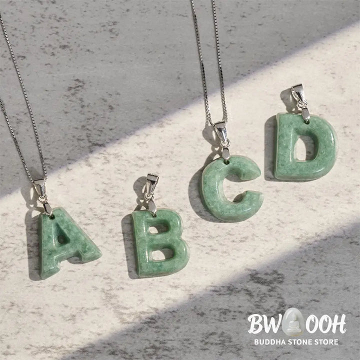 Buddha Stones Natural A-Z Letter Jade 925 Sterling Silver Silm Chain Prosperity Necklace Pendant - BWOOOH - Necklaces &amp;