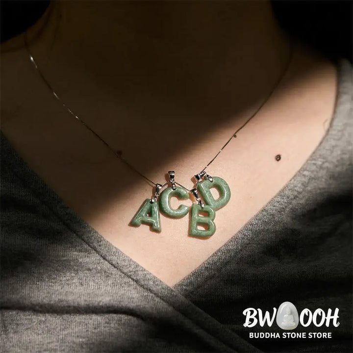 Buddha Stones Natural A-Z Letter Jade 925 Sterling Silver Silm Chain Prosperity Necklace Pendant - BWOOOH - Necklaces &amp;