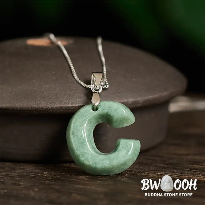 Buddha Stones Natural A-Z Letter Jade 925 Sterling Silver Silm Chain Prosperity Necklace Pendant - BWOOOH - Necklaces &amp;