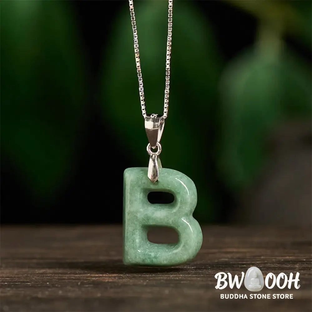 Buddha Stones Natural A-Z Letter Jade 925 Sterling Silver Silm Chain Prosperity Necklace Pendant - BWOOOH - Necklaces &amp;