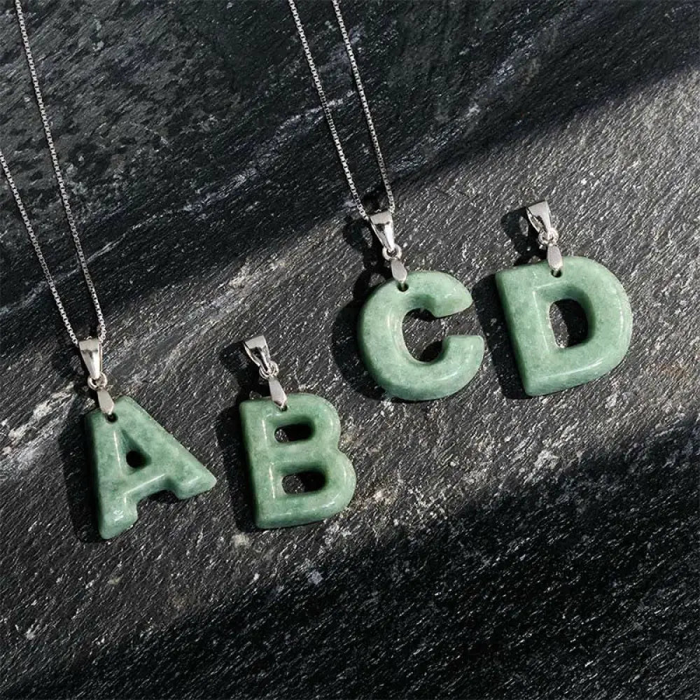 Buddha Stones Natural A-Z Letter Jade 925 Sterling Silver Silm Chain Prosperity Necklace Pendant - BWOOOH - Necklaces &