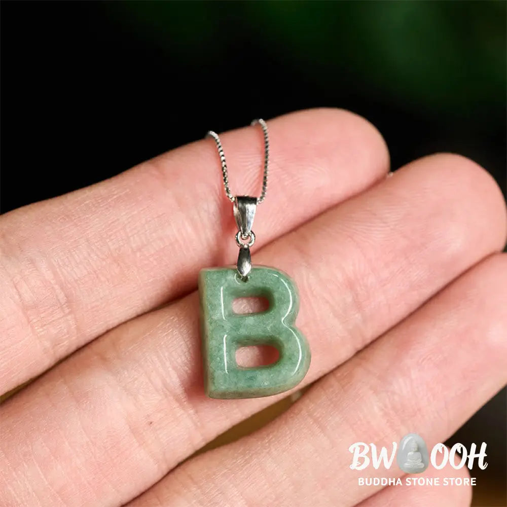 Buddha Stones Natural A-Z Letter Jade 925 Sterling Silver Silm Chain Prosperity Necklace Pendant - BWOOOH - Necklaces &amp;