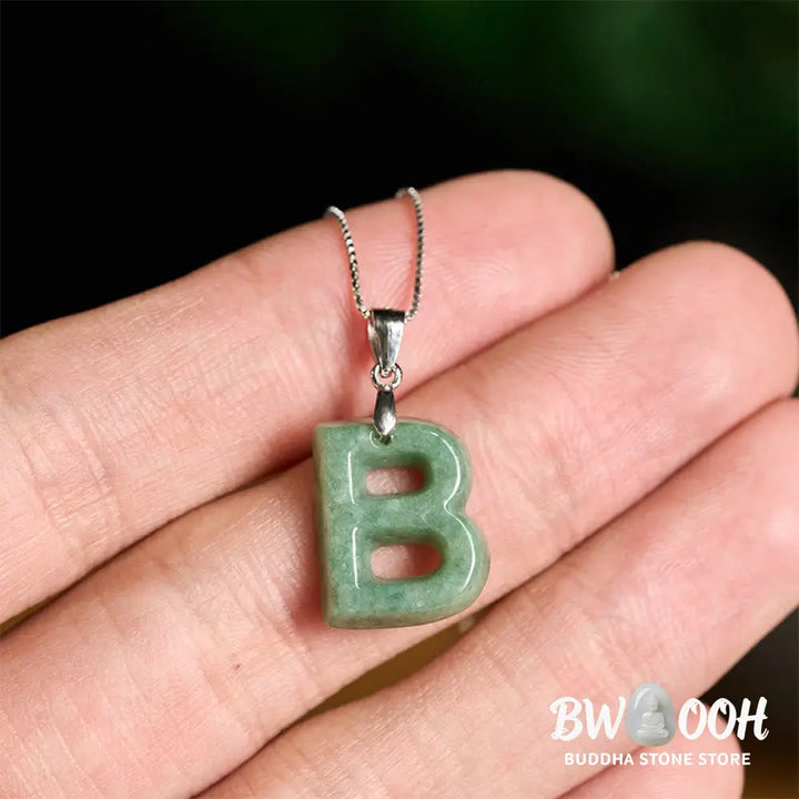Buddha Stones Natural A-Z Letter Jade 925 Sterling Silver Silm Chain Prosperity Necklace Pendant - BWOOOH - Necklaces &amp;
