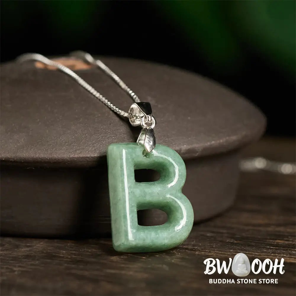 Buddha Stones Natural A-Z Letter Jade 925 Sterling Silver Silm Chain Prosperity Necklace Pendant - BWOOOH - Necklaces &amp;