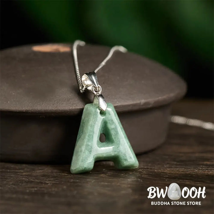 Buddha Stones Natural A-Z Letter Jade 925 Sterling Silver Silm Chain Prosperity Necklace Pendant - BWOOOH - Necklaces &amp;