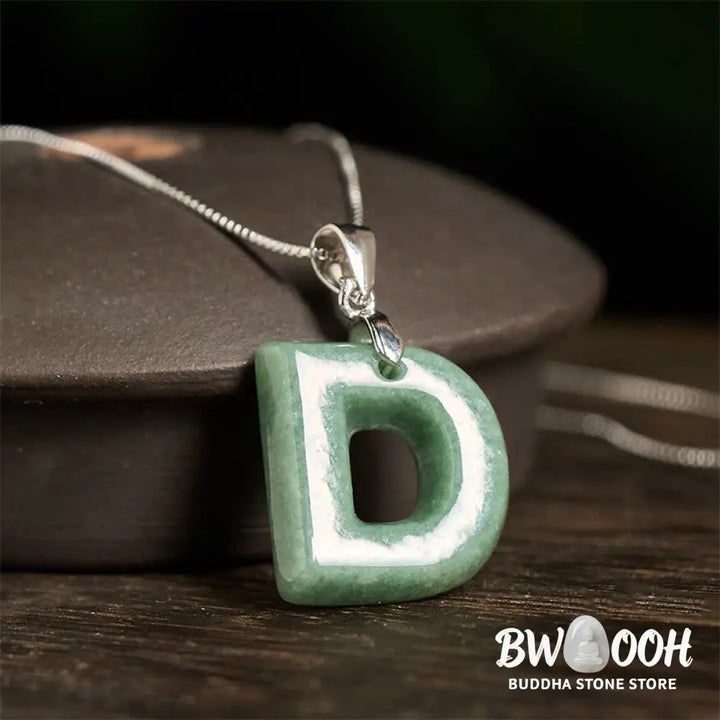 Buddha Stones Natural A-Z Letter Jade 925 Sterling Silver Silm Chain Prosperity Necklace Pendant - BWOOOH - Necklaces &amp;