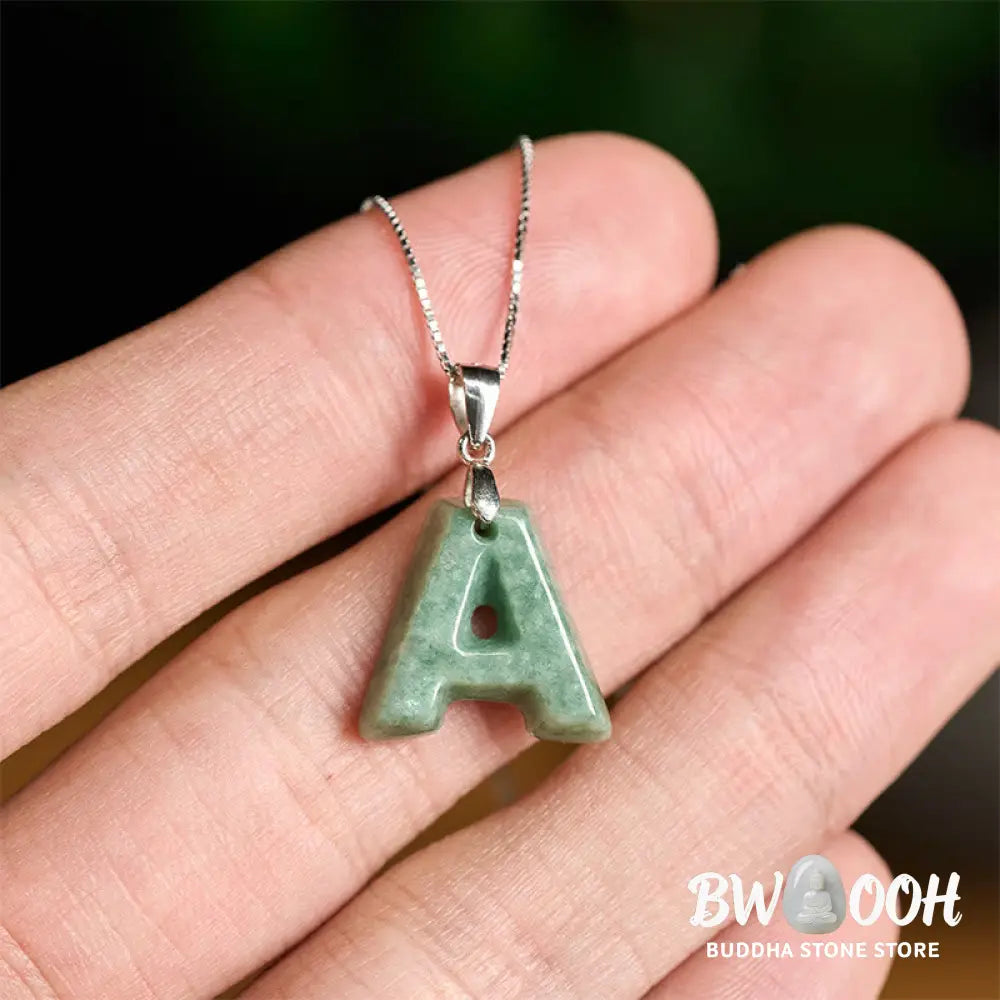 Buddha Stones Natural A-Z Letter Jade 925 Sterling Silver Silm Chain Prosperity Necklace Pendant - BWOOOH - Necklaces &amp;