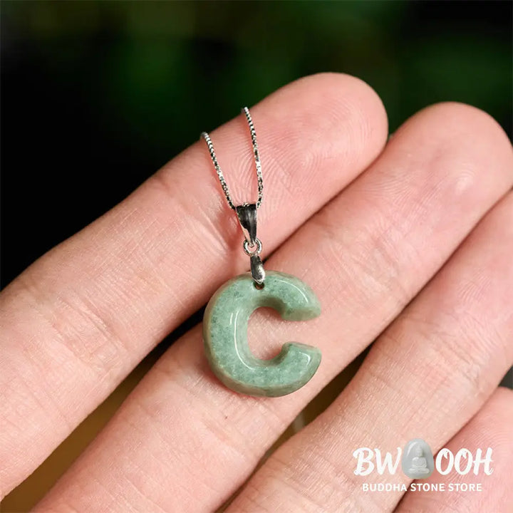Buddha Stones Natural A-Z Letter Jade 925 Sterling Silver Silm Chain Prosperity Necklace Pendant - BWOOOH - Necklaces &amp;