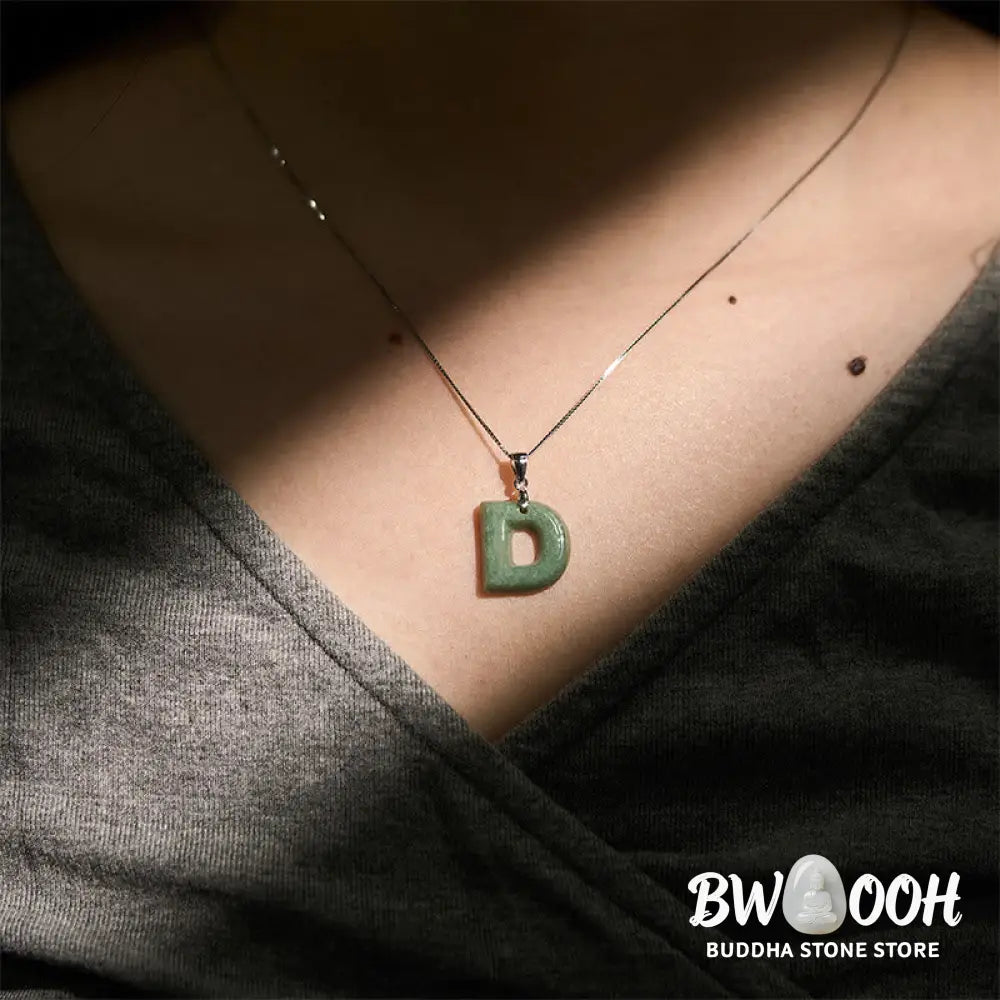 Buddha Stones Natural A-Z Letter Jade 925 Sterling Silver Silm Chain Prosperity Necklace Pendant - BWOOOH - Necklaces &amp;