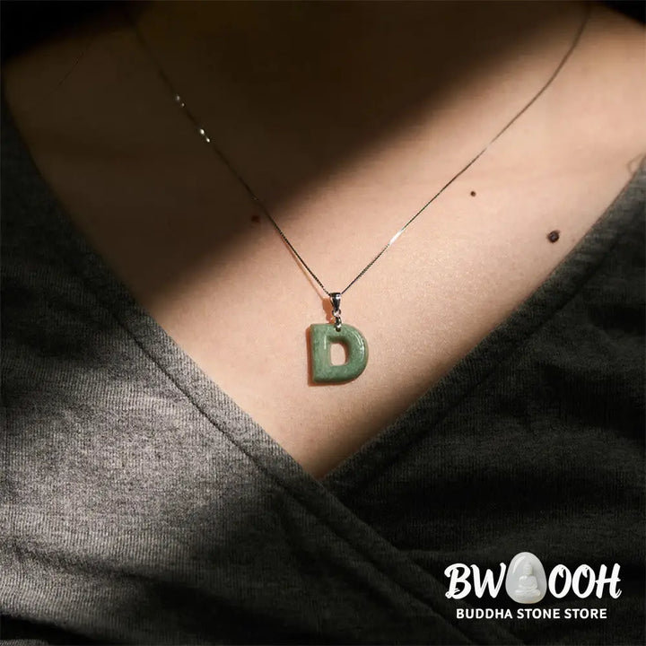 Buddha Stones Natural A-Z Letter Jade 925 Sterling Silver Silm Chain Prosperity Necklace Pendant - BWOOOH - Necklaces &amp;