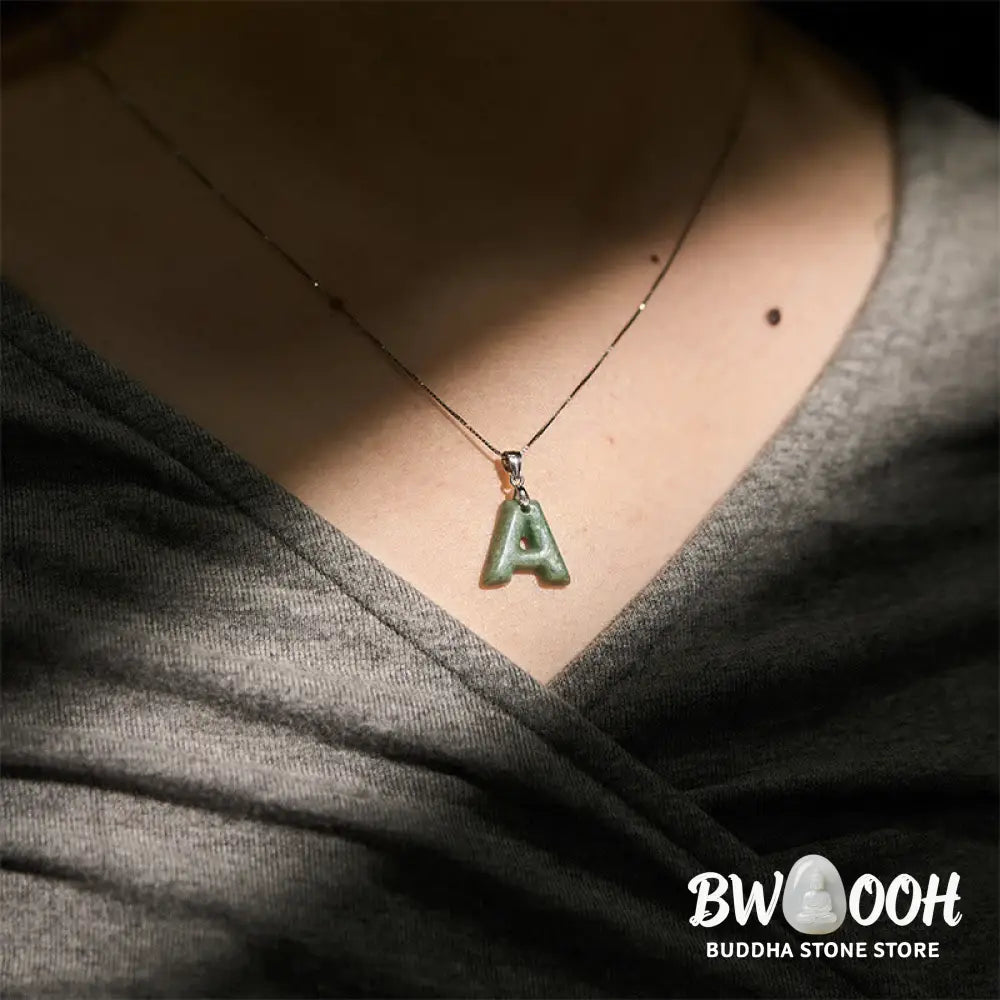 Buddha Stones Natural A-Z Letter Jade 925 Sterling Silver Silm Chain Prosperity Necklace Pendant - BWOOOH - Necklaces &amp;