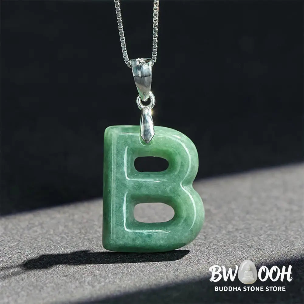 Buddha Stones Natural A-Z Letter Jade 925 Sterling Silver Silm Chain Prosperity Necklace Pendant - BWOOOH - Necklaces &amp;